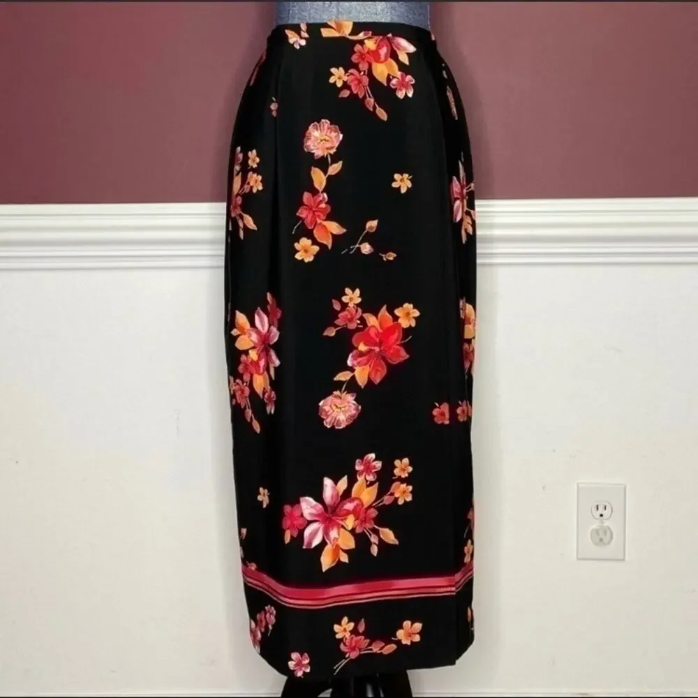 Joan Leslie black floral print midi skirt size 10P women 10 petite - Picture 4 of 4